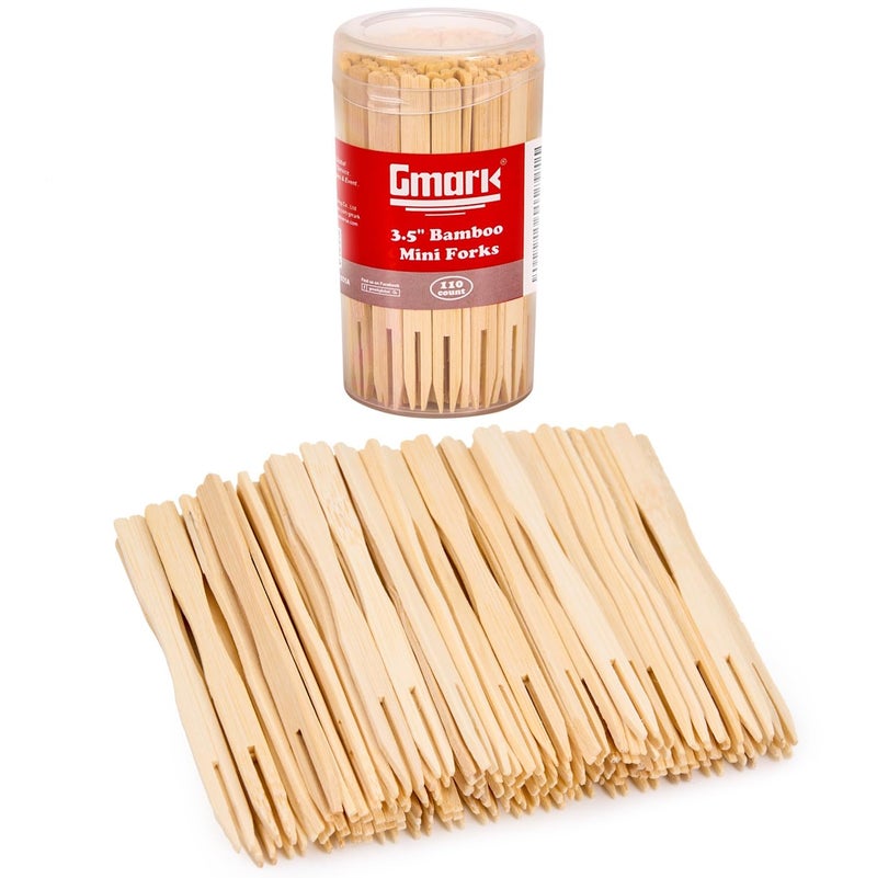 Gmark Bamboo Double Prong Mini Forks 3.5 Inch 110pc, Food Picks/Fruit Picks/Cocktail Forks/Party Forks/Buffet Forks/Two Prongs Cocktail Picks for Appetizer, Cocktail, Pastry, Dessert. GM1031A - Image 1
